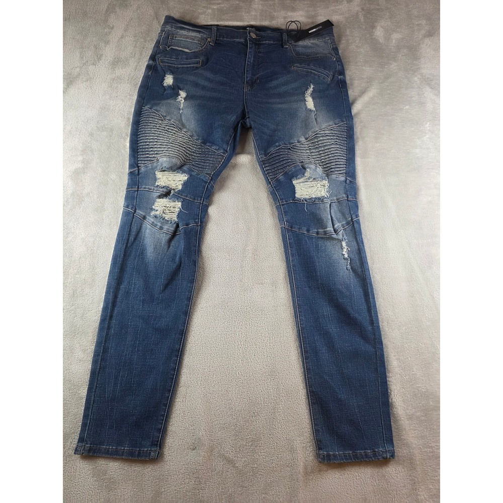 NovaMen Biker Jeans Mens 38 Blue Distressed Skinny Fit Moto Denim
